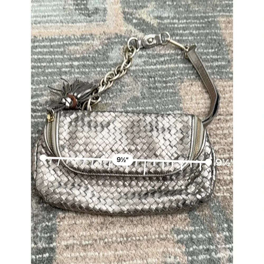 Elliott Lucca Pewter Woven Leather Shoulder Bag Metallic Y2K Tassel